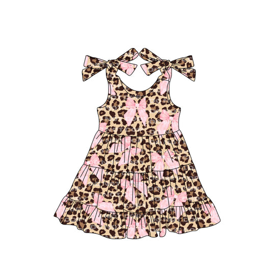 preorder GSD2300 Pink Bows Brown Leopard Ruffle Sleeveless Dress Girls Boutique Outfits 202503