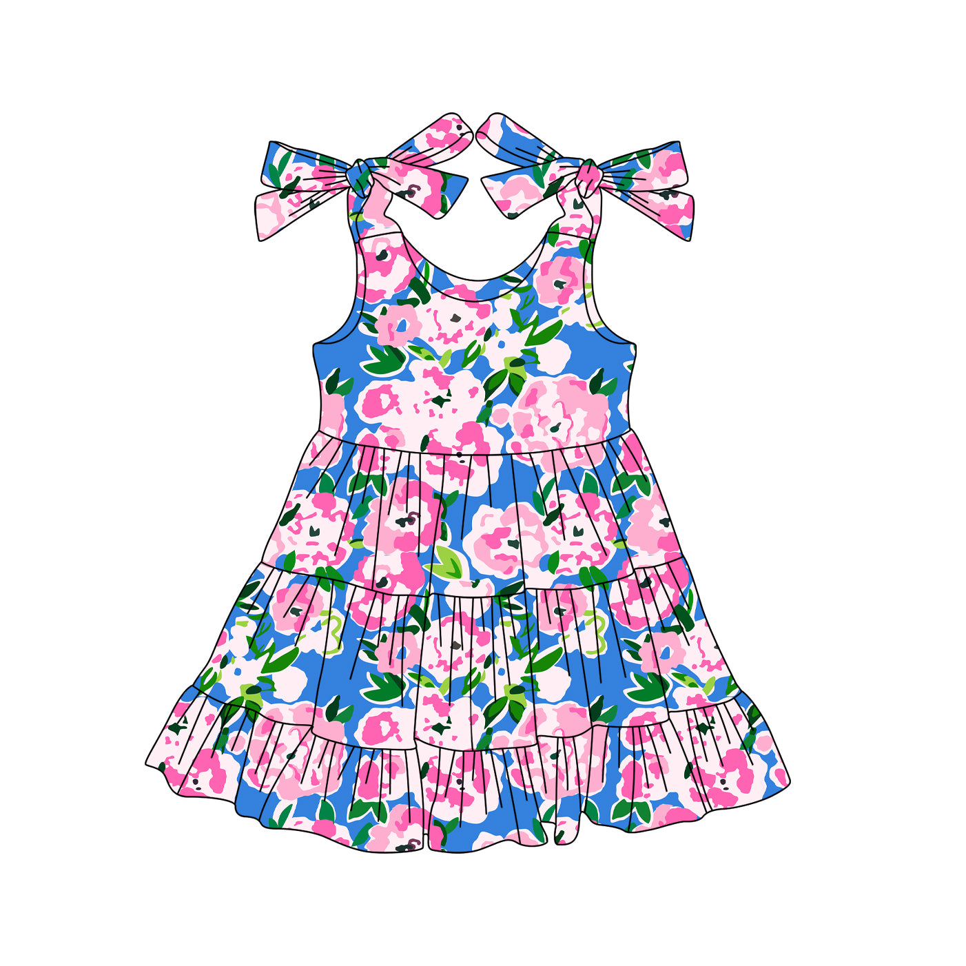 preorder GSD2302 Pink Blue Flower Leaf Ruffle Sleeveless Dress Girls Boutique Outfits 202503