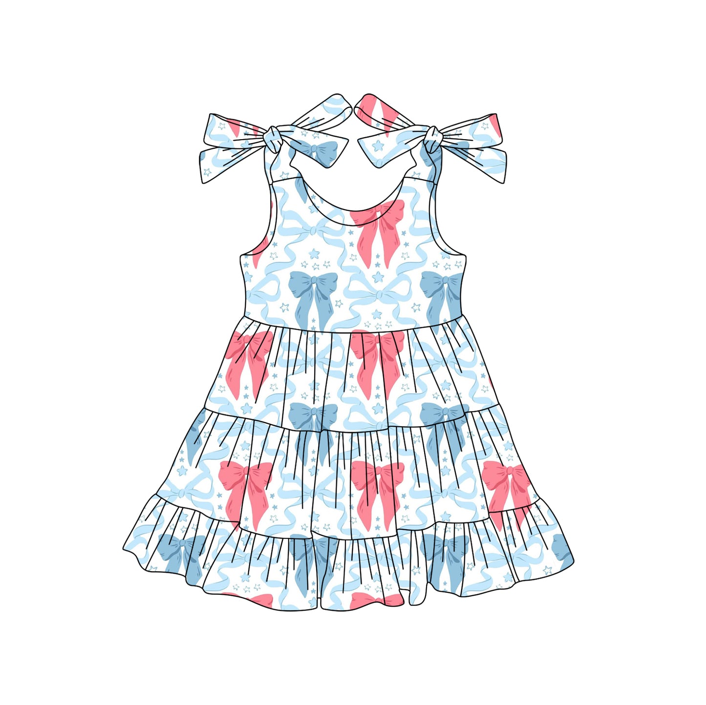 preorder GSD2303 4th of July Red Blue Bows Ruffle Sleeveless Dress Girls Boutique Outfits 202503