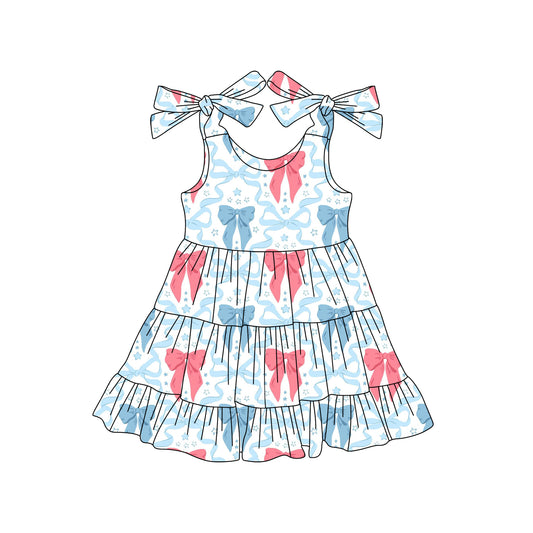 preorder GSD2303 4th of July Red Blue Bows Ruffle Sleeveless Dress Girls Boutique Outfits 202503