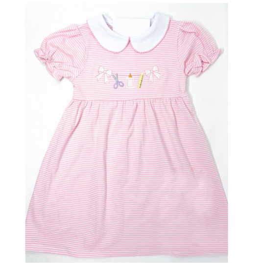 preorder GSD2304 Back to School Bows Pencil Stripe Pink Short Sleeve Dress Girls Boutique Outfits 202503