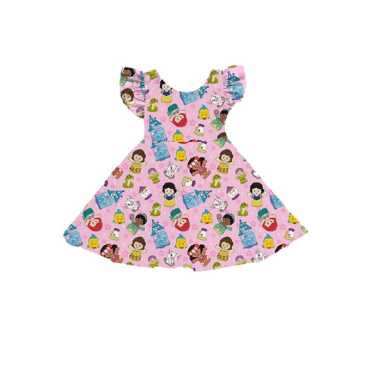 preorder GSD2305 Cartoon Pattern Pink Short Sleeve Dress Girls Boutique Outfits 202503