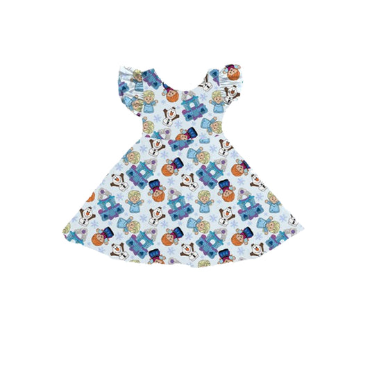 preorder GSD2306 Cartoon Pattern Blue Short Sleeve Dress Girls Boutique Outfits 202503