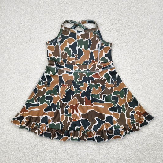 GSD2309 Brown Green Camo Ruffle Sleeveless Halter Yoga Dress Girls Boutique Clothes 202504 RTS