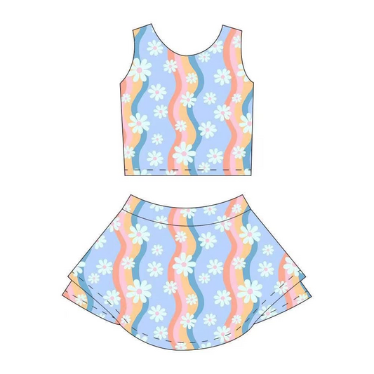 preorder GSD2328 Flower Colored Stripe Yoga Sleeveless Vest Skirts Shorts Sets Girls Boutique Outfits 202503