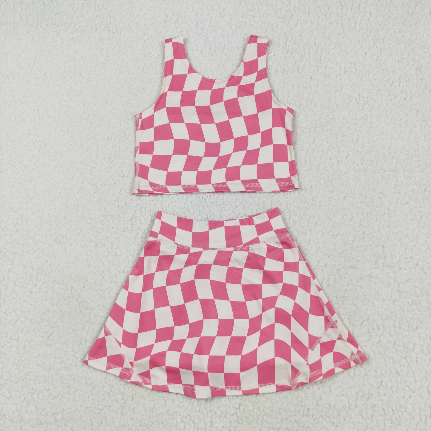 GSD2329 Beige Pink Plaid Irregular Yoga Sleeveless Vest Skirts Shorts Sets Girls Boutique Outfits 202505 RTS