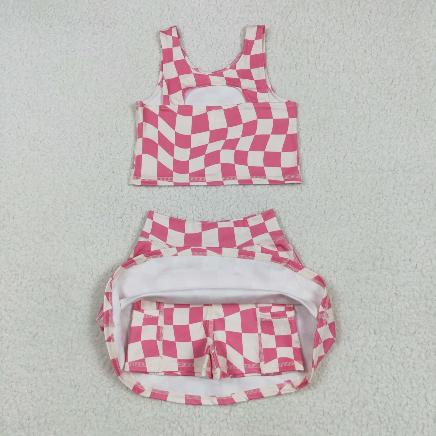 GSD2329 Beige Pink Plaid Irregular Yoga Sleeveless Vest Skirts Shorts Sets Girls Boutique Outfits 202505 RTS