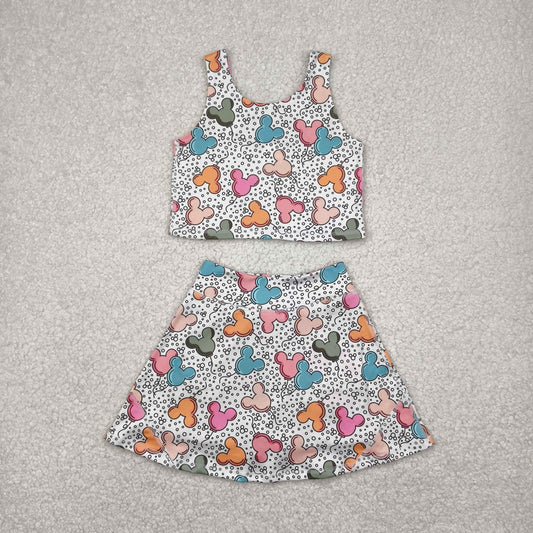 GSD2331 Cartoon Mickey Balloon Yoga Milk Silk Sleeveless Top Skirts Shorts Set Girls Boutique Outfit 202504 RTS