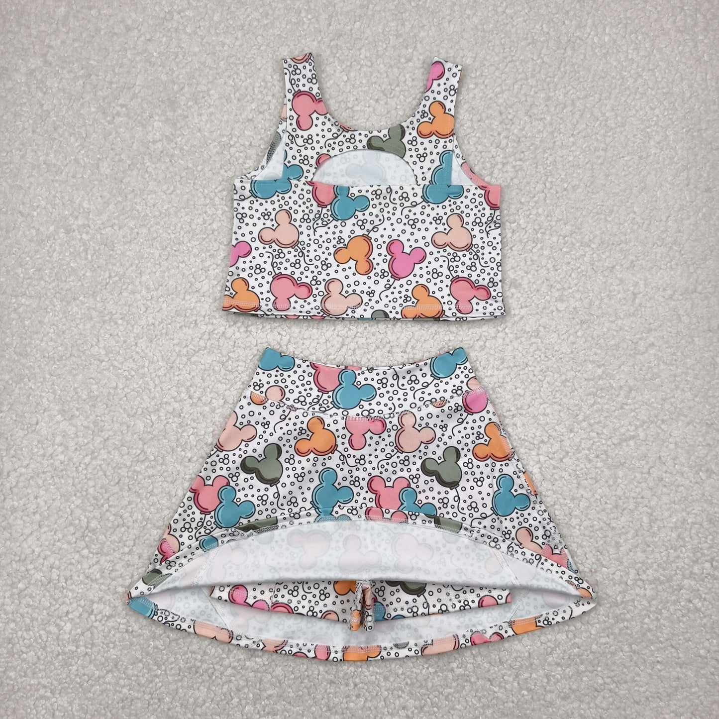 GSD2331 Cartoon Mickey Balloon Yoga Milk Silk Sleeveless Top Skirts Shorts Set Girls Boutique Outfit 202504 RTS