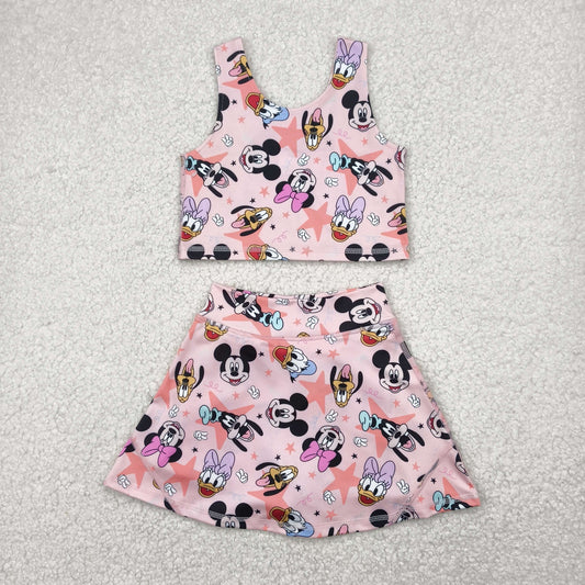 GSD2332 Cartoon Mickey Mouse Pink Yoga Milk Silk Sleeveless Top Skirts Shorts Set Girls Boutique Outfit 202504 RTS
