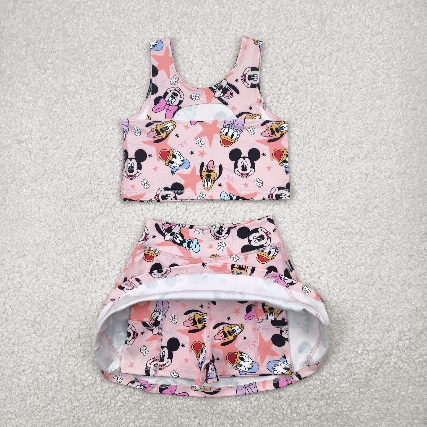 GSD2332 Cartoon Mickey Mouse Pink Yoga Milk Silk Sleeveless Top Skirts Shorts Set Girls Boutique Outfit 202504 RTS