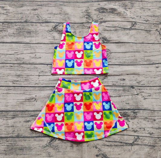 preorder GSD2334 Kids Yoga Set  Colored Plaid Mickey Mouse Vest Skirts  Shorts Sets Girls Boutique Outfits 202504