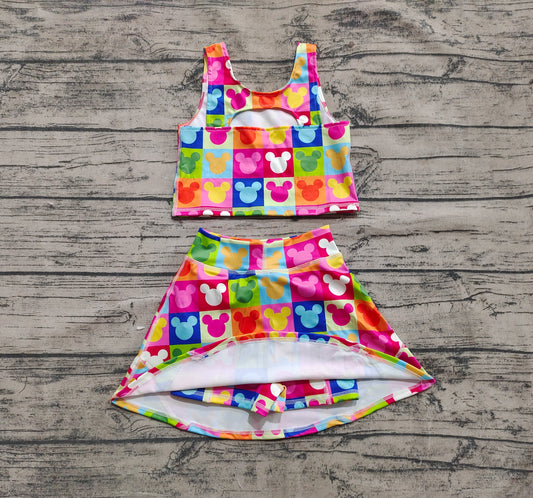 preorder GSD2334 Kids Yoga Set  Colored Plaid Mickey Mouse Vest Skirts  Shorts Sets Girls Boutique Outfits 202504