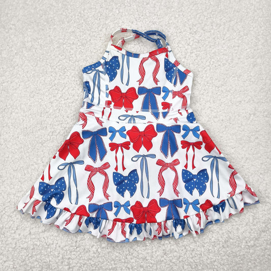 GSD2345 4th of July Red Blue Star Bows Yoga outfit Sleeveless Dress Girls Clothes 202505 RTS