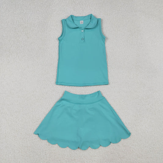 GSD2349 Yoga Suits Pure Blue Green Doll Collar Sleeveless Top Skirts Shorts Girls Sets 202509 RTS