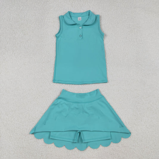 GSD2349 Yoga Suits Pure Blue Green Doll Collar Sleeveless Top Skirts Shorts Girls Sets 202509 RTS