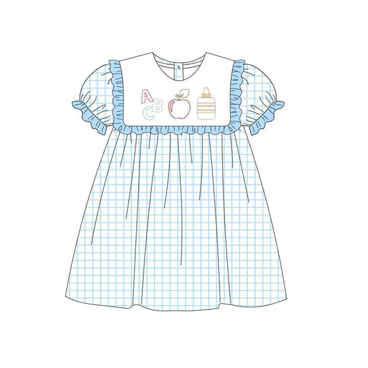 preorder GSD2357 Back to School Blue Plaid Apple Letter Short Sleeve Dress Girls Boutique Clothes 202503