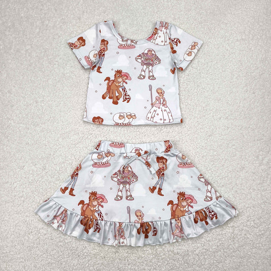 GSD2359 Yoga outfit Cartoon princess horse short sleeve top skirts shorts 2 pieces set Girls Boutique outfit 202504 RTS