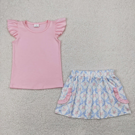GSD2360 Yoga outfit pink blue bows ruffle sleeveless top skirts 2 pieces set Girls Boutique outfit 202504 RTS