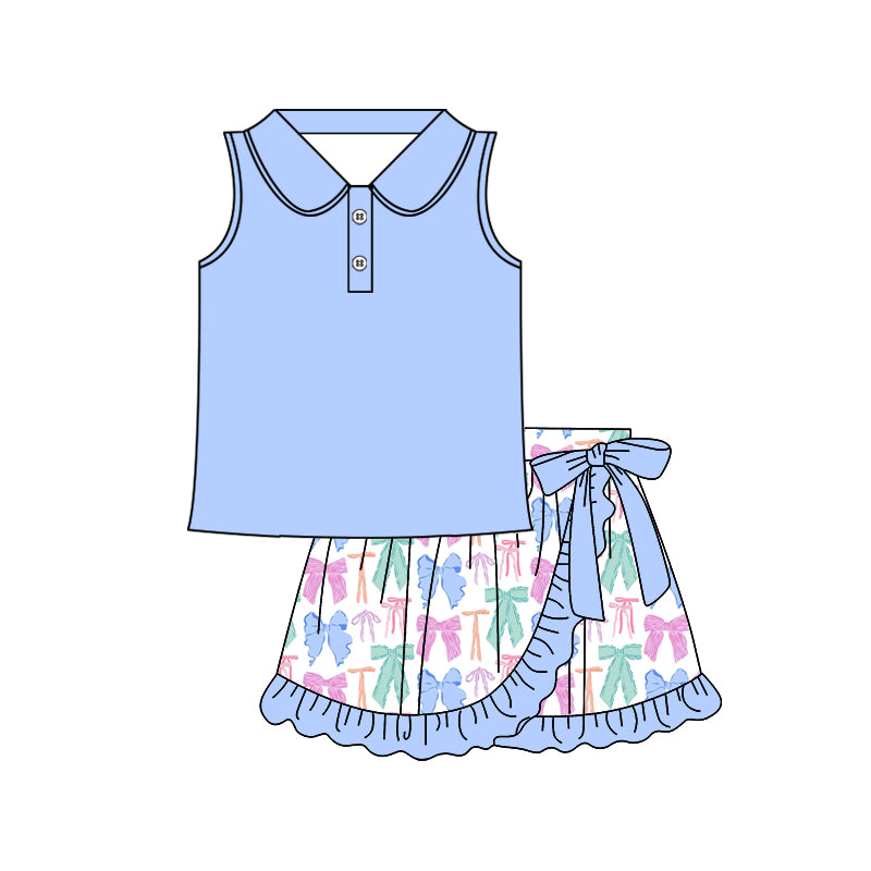 preorder GSD2363 Blue polo sleeveless top ruffle skirts 2 pieces set Girls Boutique outfit 202503