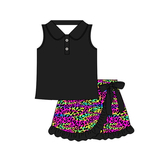 preorder GSD2364 Black polo sleeveless top ruffle skirts 2 pieces set Girls Boutique outfit 202503
