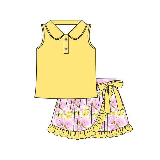 preorder GSD2365 Yellow polo sleeveless top ruffle skirts 2 pieces set Girls Boutique outfit 202503
