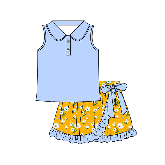 preorder GSD2366 Blue Yellow polo sleeveless top ruffle skirts 2 pieces set Girls Boutique outfit 202503