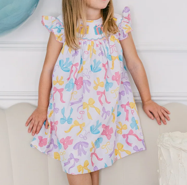 preorder GSD2367 Colored Bows Ruffle Flying Sleeve Dress Girls Boutique Clothes 202503