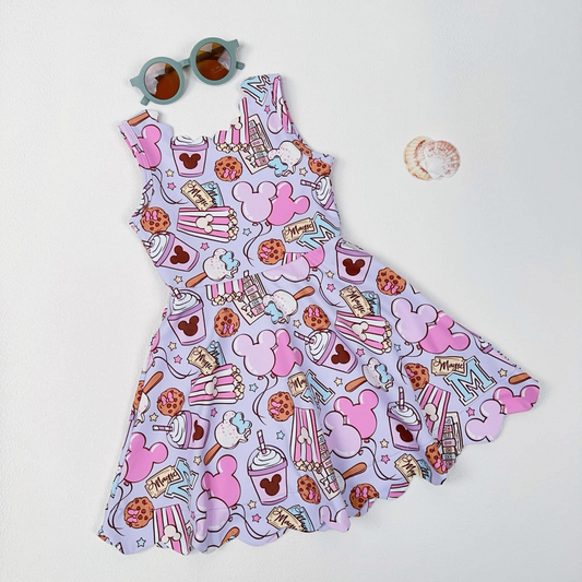 preorder GSD2368 Purple Pink Cartoon Mickey Mouse Balloon Cookies Sleeveless Dress Girls Boutique Clothes 202503
