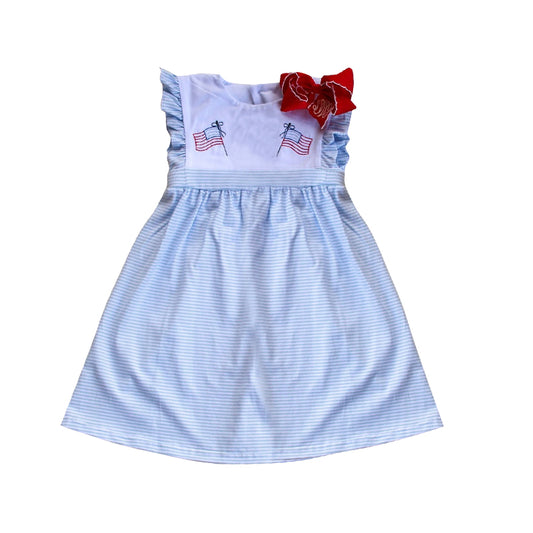 preorder GSD2378 4th of July Blue Striped Flag Ruffle Sleeveless Dress Girls Clothes  202503