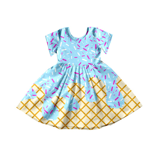 preorder GSD2381 Sky Blue Bow Fireworks Plaid Short Sleeve Dress Girls Clothes 202503