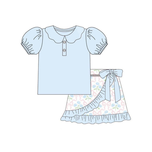 preorder GSD2386 light blue short sleeve top ruffle flower bow skirts 2 pieces set girls boutique outfit 202503