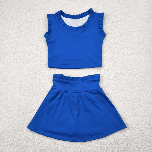 GSD2391 Yoga Suits Pure Navy Blue Ruffle Sleeveless Top Skirts Sets Girls Boutique Outfits 202504 RTS