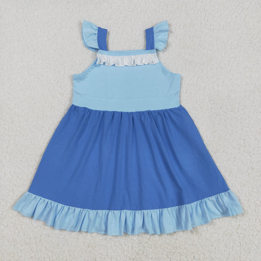 GSD2393 Blue Ruffle Flying Sleeve Dress Girls Boutique Outfits 202505 RTS