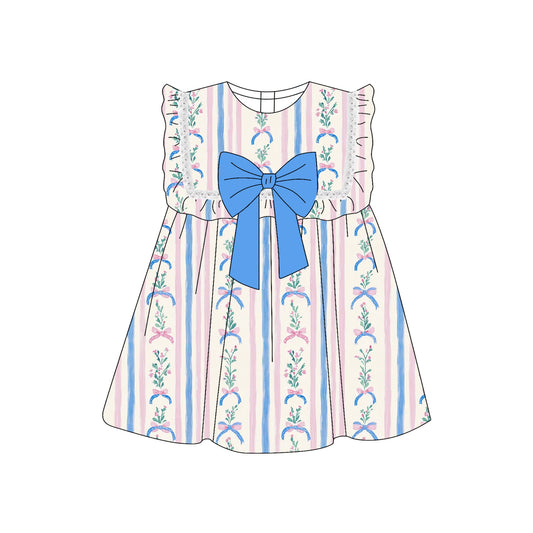 preorder GSD2397 Pink Blue Striped Flower Bows Ruffle Sleeveless Dress Girls Clothes 202503