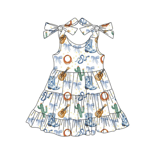 preorder GSD2399 Boots Bows Guitar Blue White Sleeveless Dress Girls Clothes 202503
