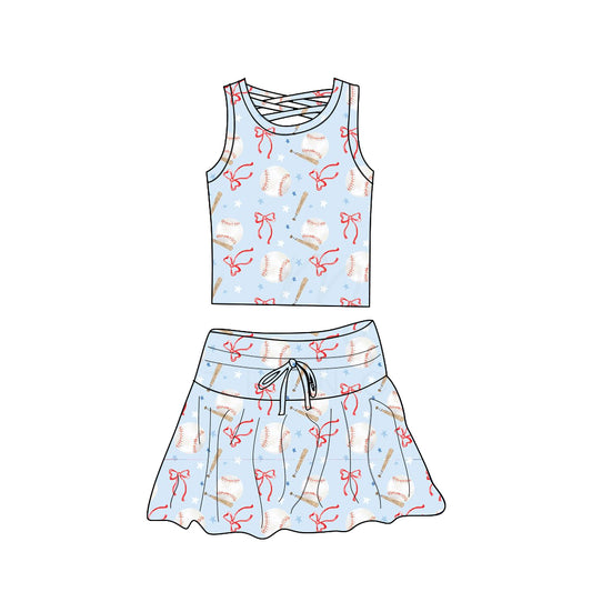 preorder GSD2402 Baseball Bows Blue Yoga Sleeveless Vest Skirts Shorts Sets Girls Boutique Outfits 202503