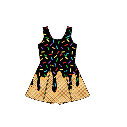 Preorder GSD2414 Black Waffle Ice Cream Sleeveless Romper Yoga Dress Girls Boutique Clothes 202503