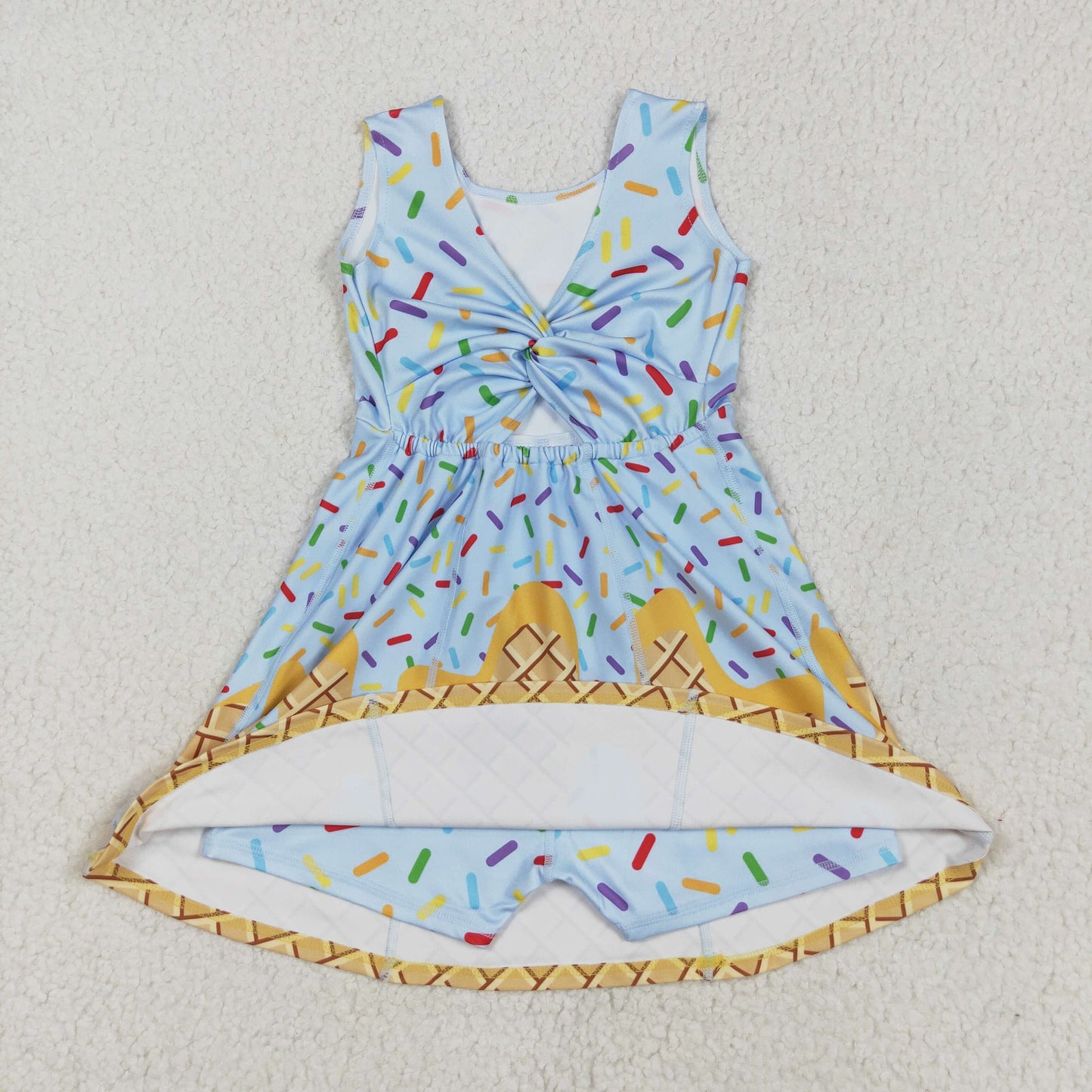 GSD2415 Blue Waffle Ice Cream Sleeveless Romper Yoga Dress Girls Boutique Clothes 202505 RTS
