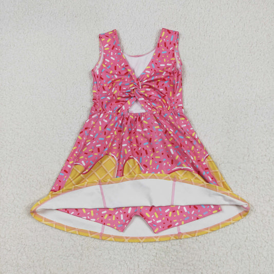 GSD2417 Pink Waffle Ice Cream Sleeveless Romper Yoga Dress Girls Boutique Clothes 202506 RTS