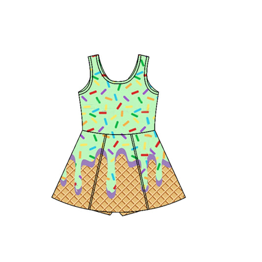 Preorder GSD2420 Green Waffle Ice Cream Sleeveless Romper Yoga Dress Girls Boutique Clothes 202503