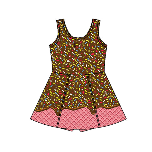 Preorder GSD2422 Brown Pink Match Waffle Ice Cream Sleeveless Romper Yoga Dress Girls Boutique Clothes 202503