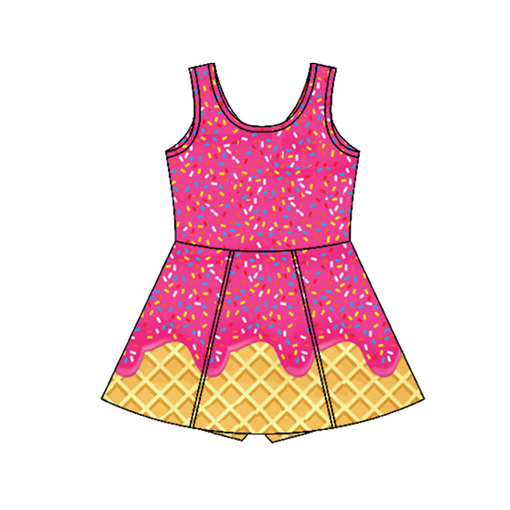 Preorder GSD2424 Dark Pink Waffle Ice Cream Sleeveless Romper Yoga Dress Girls Boutique Clothes 202503