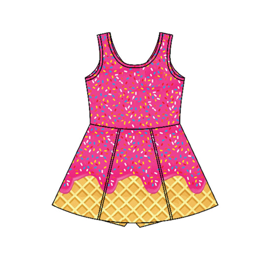 Preorder GSD2424 Dark Pink Waffle Ice Cream Sleeveless Romper Yoga Dress Girls Boutique Clothes 202503