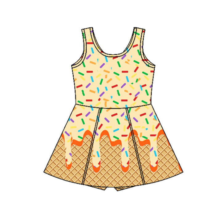Preorder GSD2426 Beige Yellow Ice Cream Sleeveless Romper Yoga Dress Girls Boutique Clothes 202503