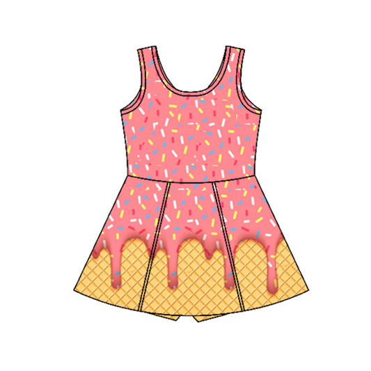 Preorder GSD2428 Orange Pink Ice Cream Sleeveless Romper Yoga Dress Girls Boutique Clothes 202503