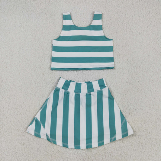 GSD2432 Kids Yoga Set Green White Stripe Sleeveless Vest Skirts Shorts Sets Girls Boutique Outfits 202505 RTS