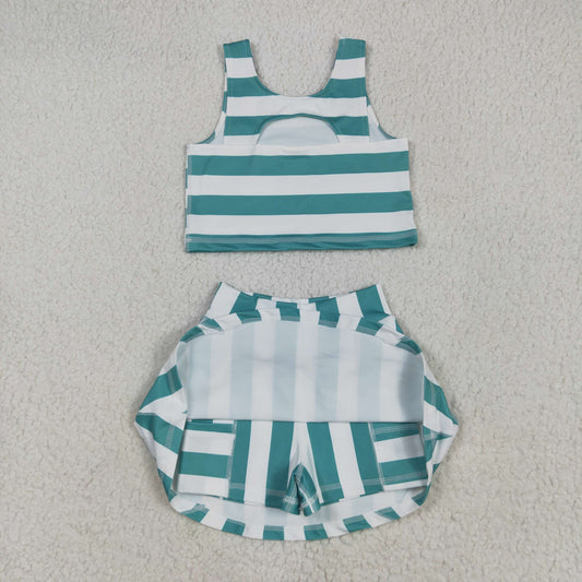 GSD2432 Kids Yoga Set Green White Stripe Sleeveless Vest Skirts Shorts Sets Girls Boutique Outfits 202505 RTS