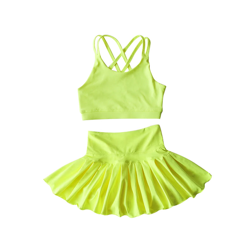 preorder GSD2437 Kids Yoga Set Yellow Green Sleeveless Vest Skirts Shorts Sets Girls Boutique Outfits 202504