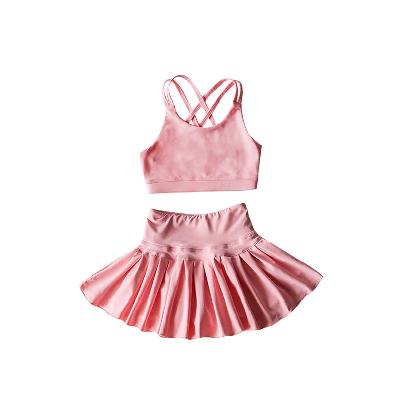 preorder GSD2438 Kids Yoga Set Light Pink Sleeveless Vest Skirts Shorts Sets Girls Boutique Outfits 202504